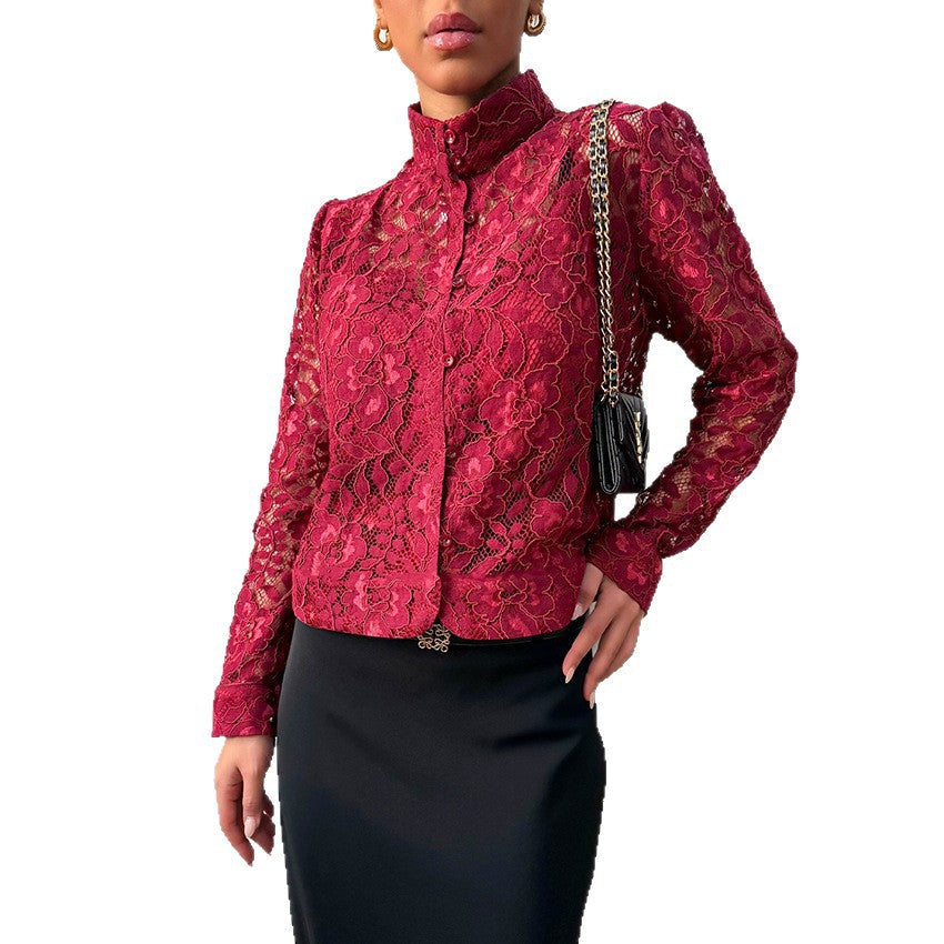 Lace Blouse For Cardigan-style Top With A Stand-up Collar