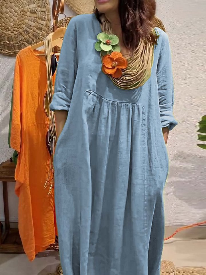 Casual Solid Color Cotton And Linen Pocket Dress
