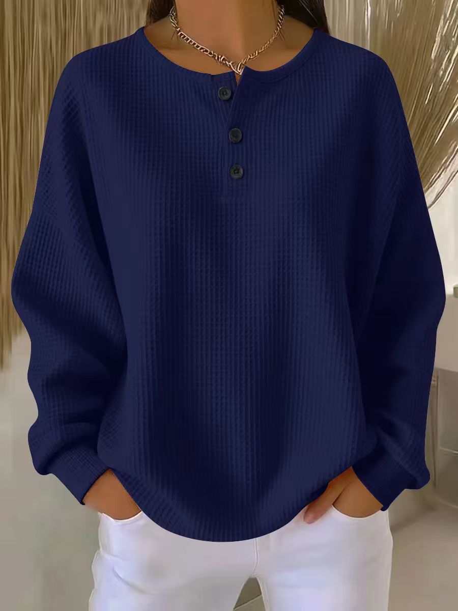 Ins Waffle Long-sleeved T-shirt Solid Color Buttons Round Neck Pullover Top Clothing
