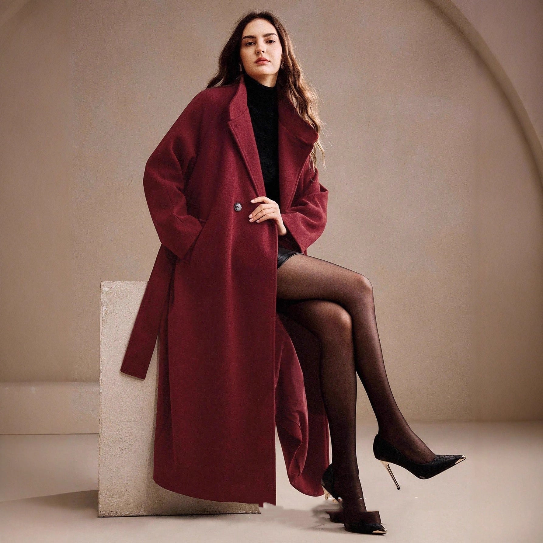Double-breasted Long Wool Coat With Suit Collar
