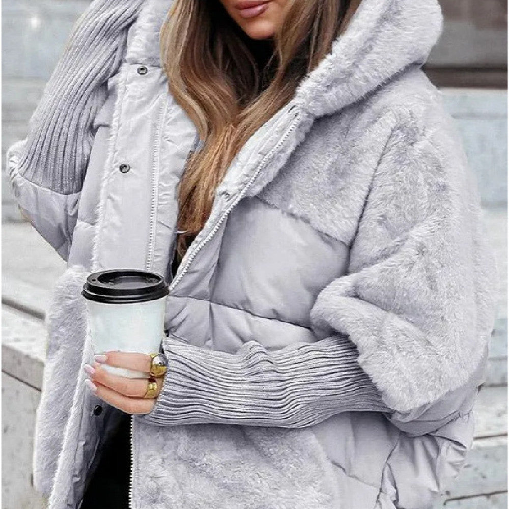 Loose Cotton Coat Faux Fur Patchwork Coat Comfort Chic Long Sleeve Hooded Jacket