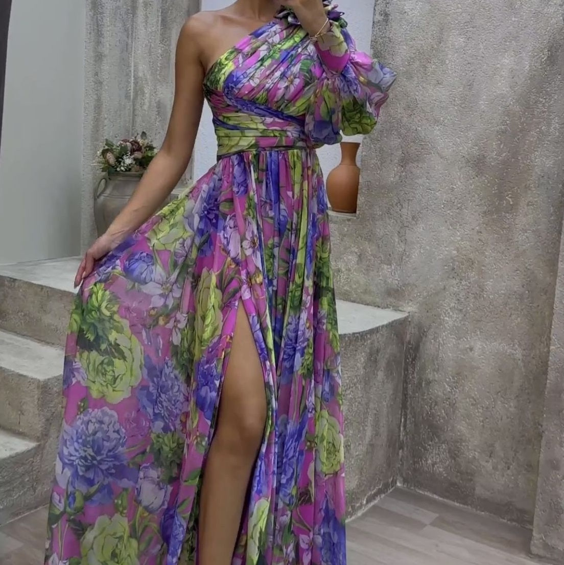 One-shoulder Long-sleeved Dress For Women