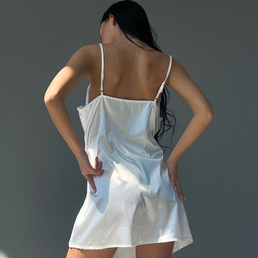 Comfortable Breathable Ice Silk Pajamas Cardigan Lace-up Nightdress Home Wear Two-piece Set