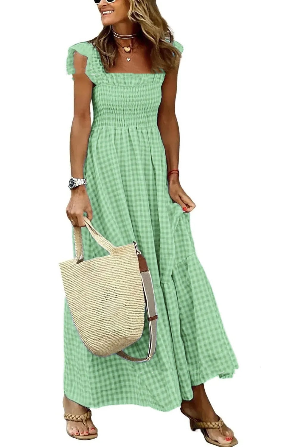Plaid Print Pleated Ruffle Dress INS Sleeveless A-line Swing Beach Dress Clothing