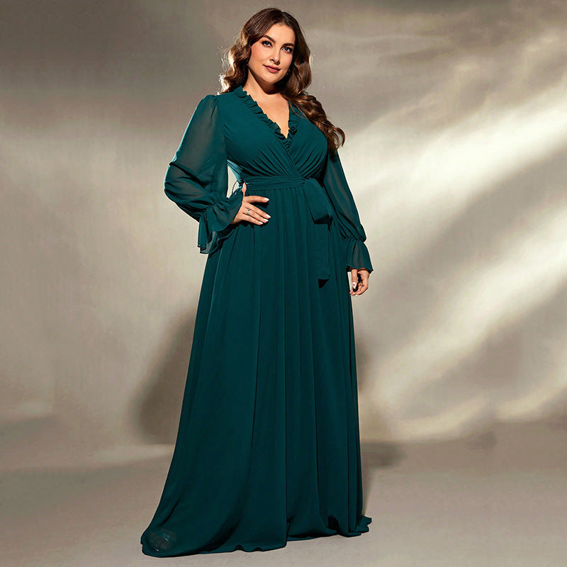Long Large Hem Green Chiffon Dress