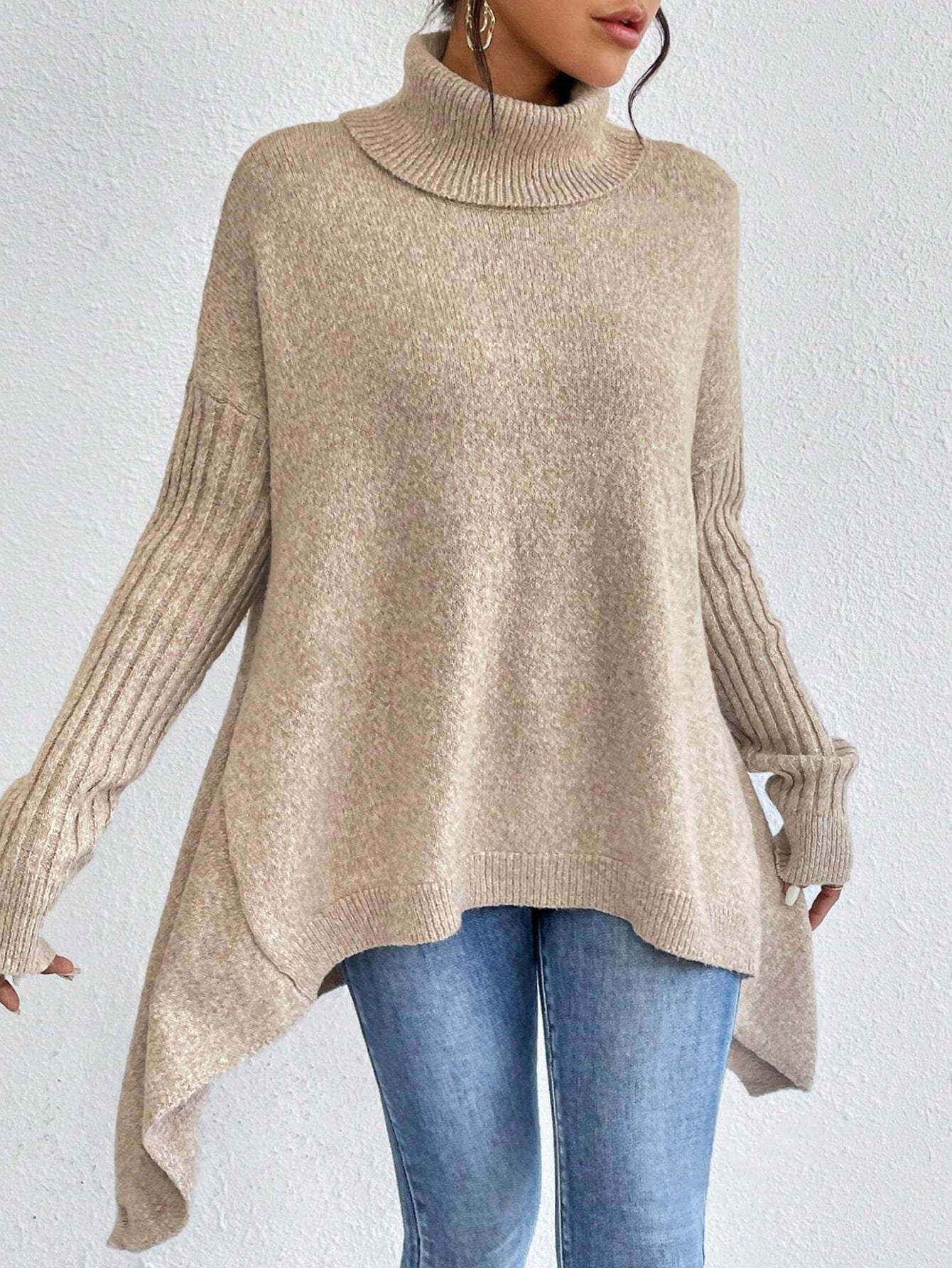 Irregular Turtleneck Sweater Loose Long Sleeve Knitted Tops Leisure Warm Pullover Sweater Clothing