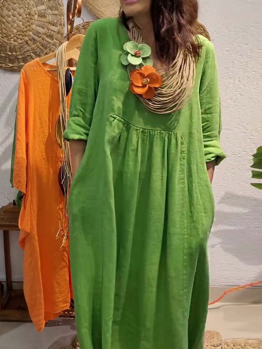 Casual Solid Color Cotton And Linen Pocket Dress