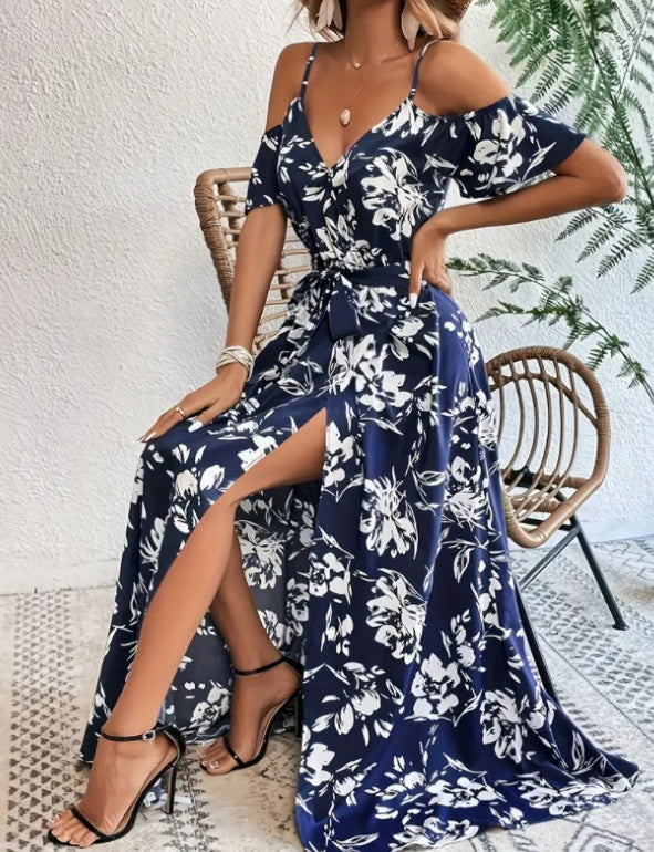 Flower Print Split Suspender Dress With Lace-up Design Long Dresses Beach Clothing For Women