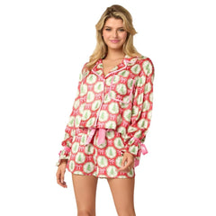 2 Pcs Christmas Pajama Set Santa Tree Print Lapel Neck Button-up Long Sleeve Tops Shorts Loungewear Outfit