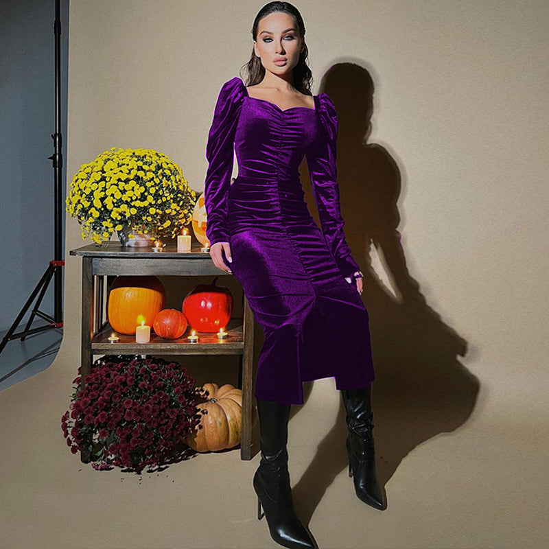 Pleated Slim Fit Slit Long-sleeved Dress