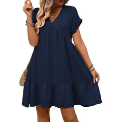 Ruffle-Trimmed V-Neck Solid-Color Resort Dress