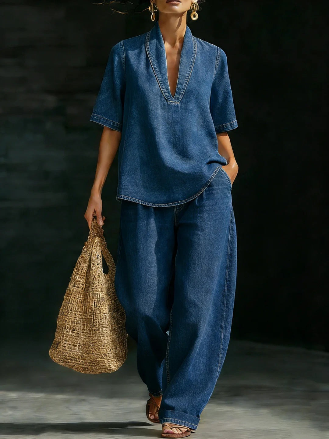 Casual Retro Denim Pants Set