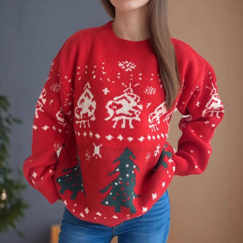 Christmas Red Sweater Jacquard Pullover Knitted Sweater