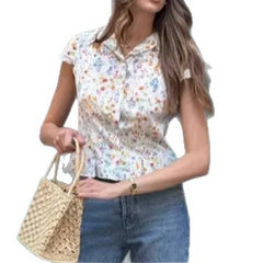 Floral Print Lace-Patchwork V-Neck Shirt