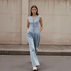 V-neck Double-breasted Sleeveless Wide Leg Overall Jeans
