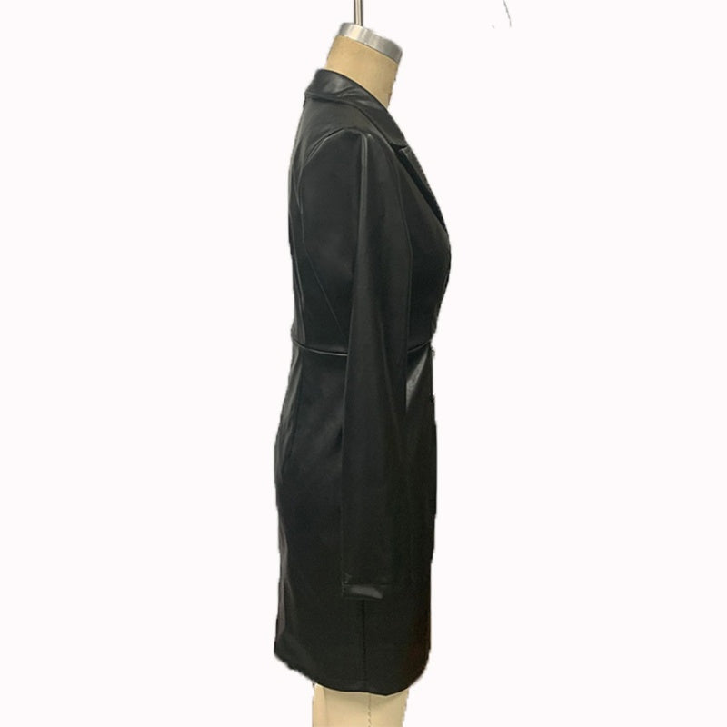 Faux Leather Blazer Dress, Double-Breasted Long Sleeve Midi Dress, Slim Fit Office Bodycon Dress