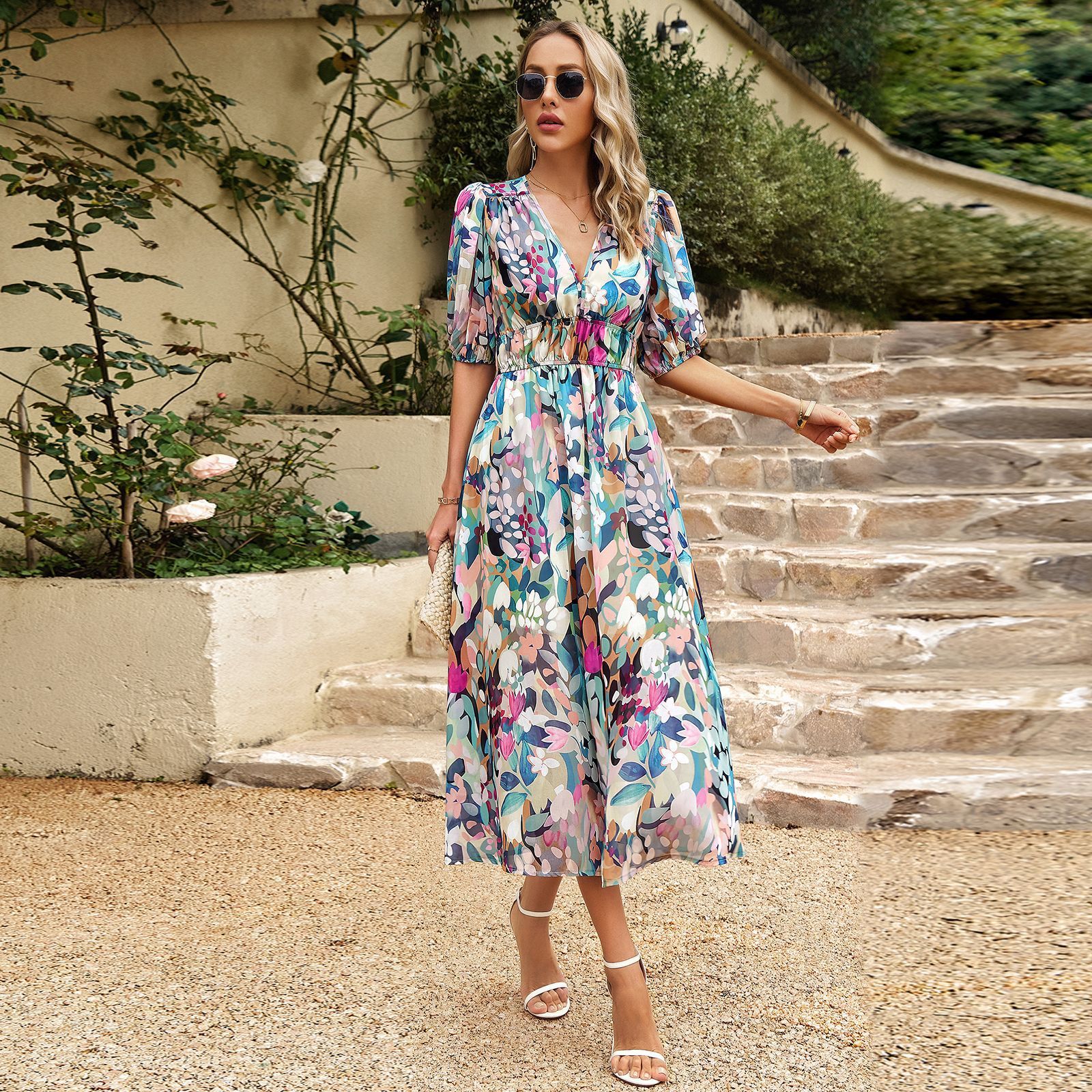 V-Neck Printed Long Dress â€?Short Sleeves, Slim Fit Beach Vacation Style