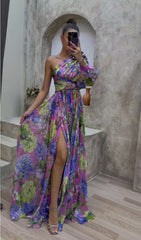 One-shoulder Long-sleeved Dress For Women