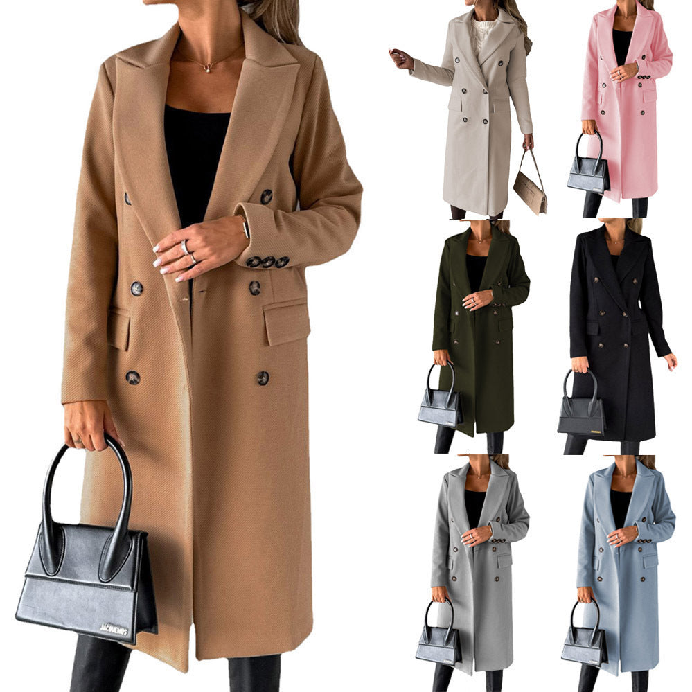 Double Breasted Lapel Coat Solid Slim Long Jacket Long Sleeve Tops Womens Clothing