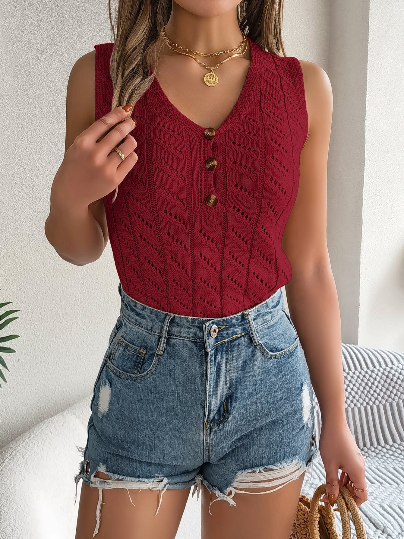 S Solid Color Button V-Neck Hollow Out Sleeveless Knit Vacation Top