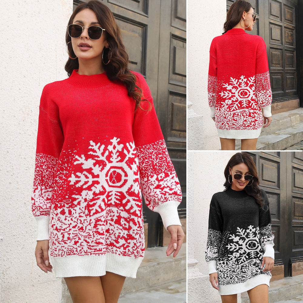 Christmas Snowflake Sweater Dress Loose Pullover Knitted Dresses Fall Clothing