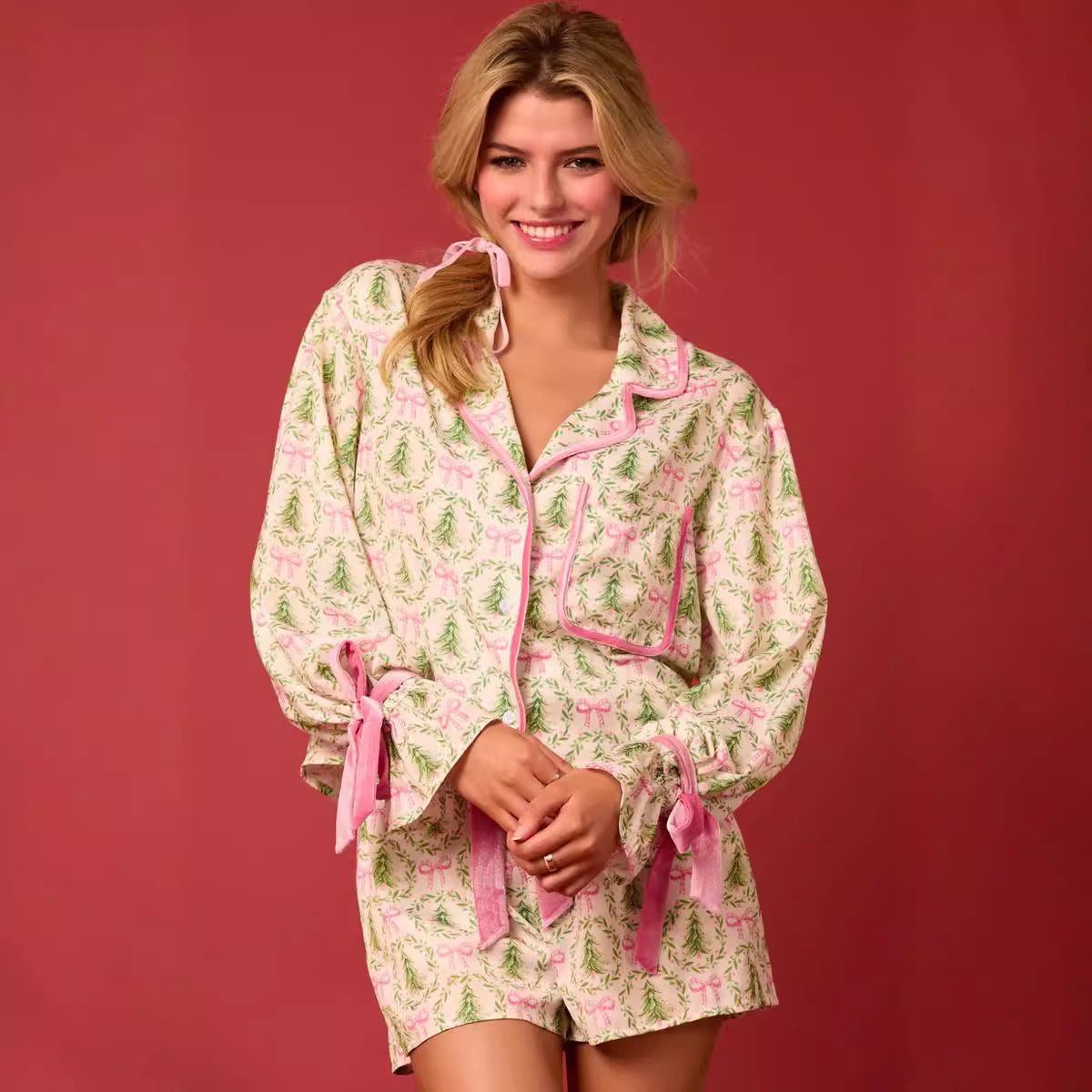 2 Pcs Christmas Pajama Set Santa Tree Print Lapel Neck Button-up Long Sleeve Tops Shorts Loungewear Outfit