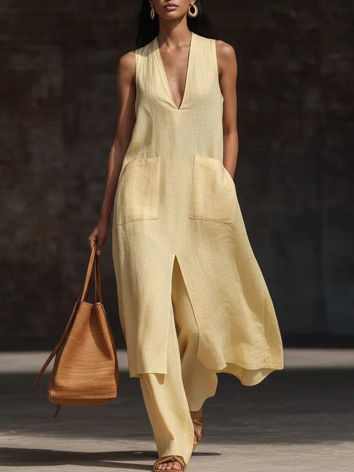 Casual Style V-Neck Sleeveless Dress Set