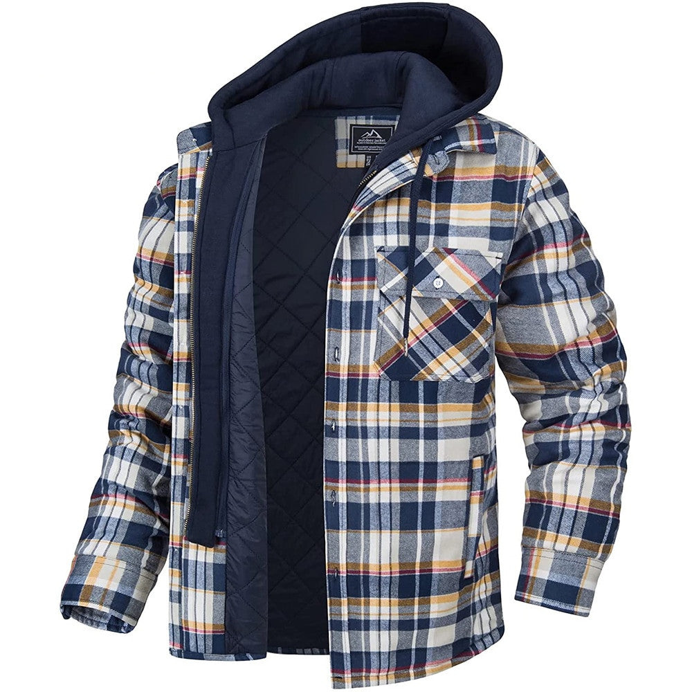 Men's Plaid Hooded Coat Warm Button Zip-up Jacket Casual Thick Padded Long Sleeves Outerwear Clothing