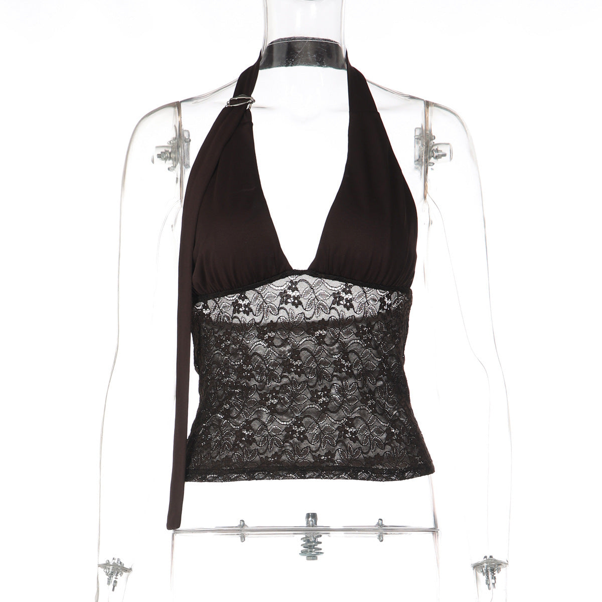 Lace-spliced Deep V-neck Halter Top