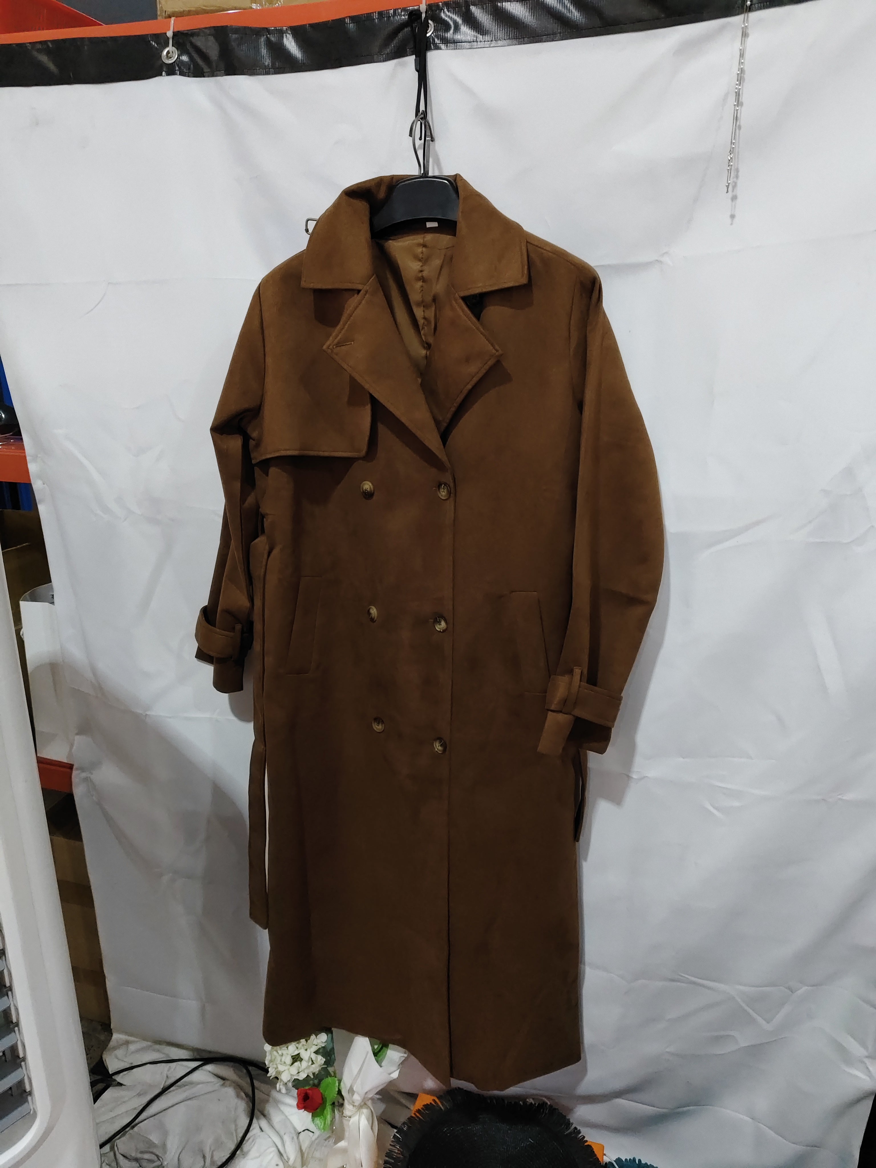 Double Breasted Lapel Shift Coat With Belt Vintage Suede Long Coat Outwear Clothing