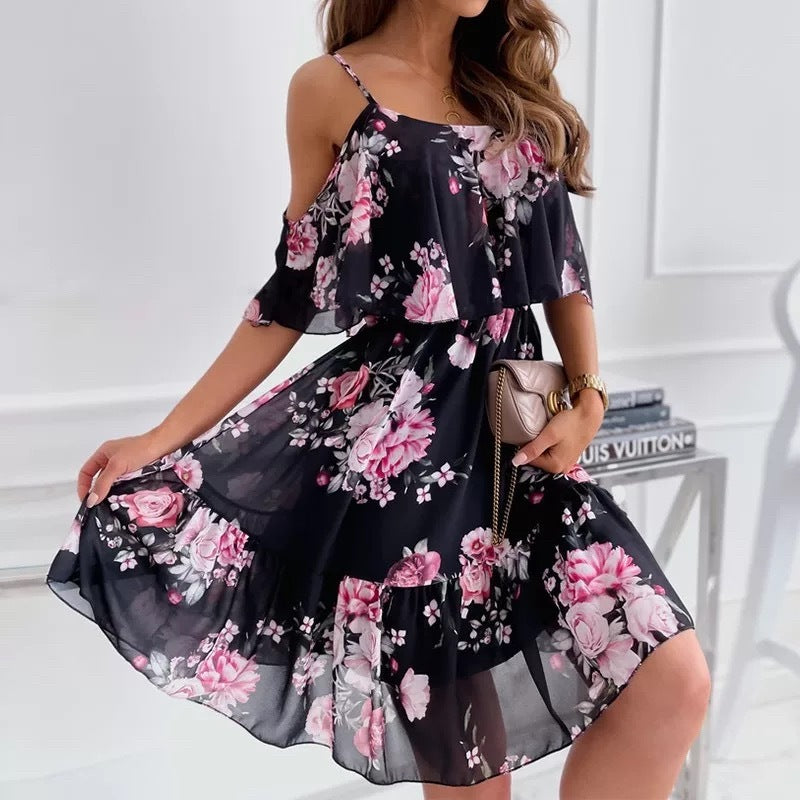 Flower Printed Ruffled Suspender Dress â€?Off-the-Shoulder Strap Dress