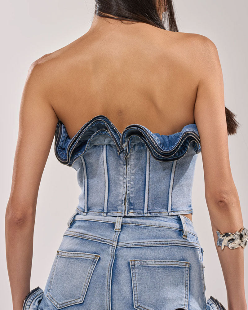 Wavy Ruffle Top For Demin Corset With Zipper (Pre-sale)