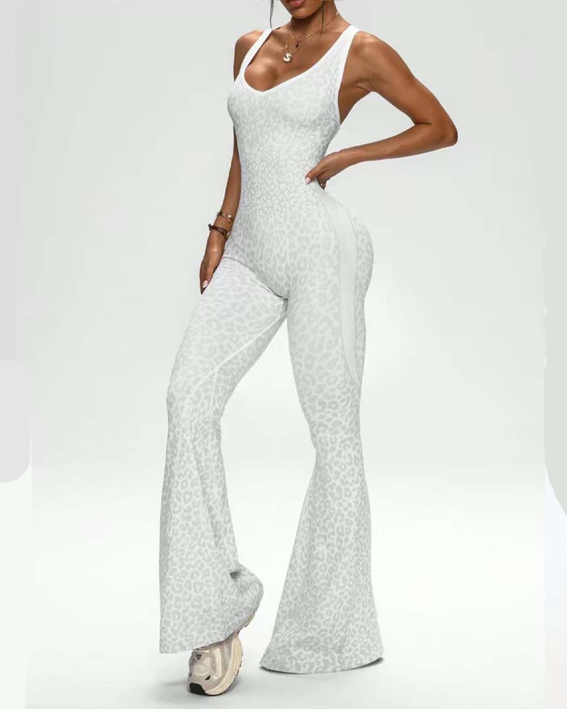 Leopard Print Criss-Cross Backless Seamless Flared Jumpsuit