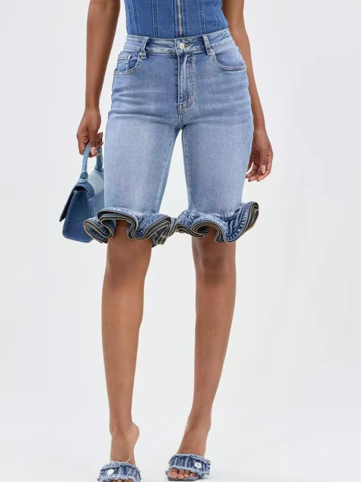 High Waisted Wave Ruffle Hem Slim Denim Shorts