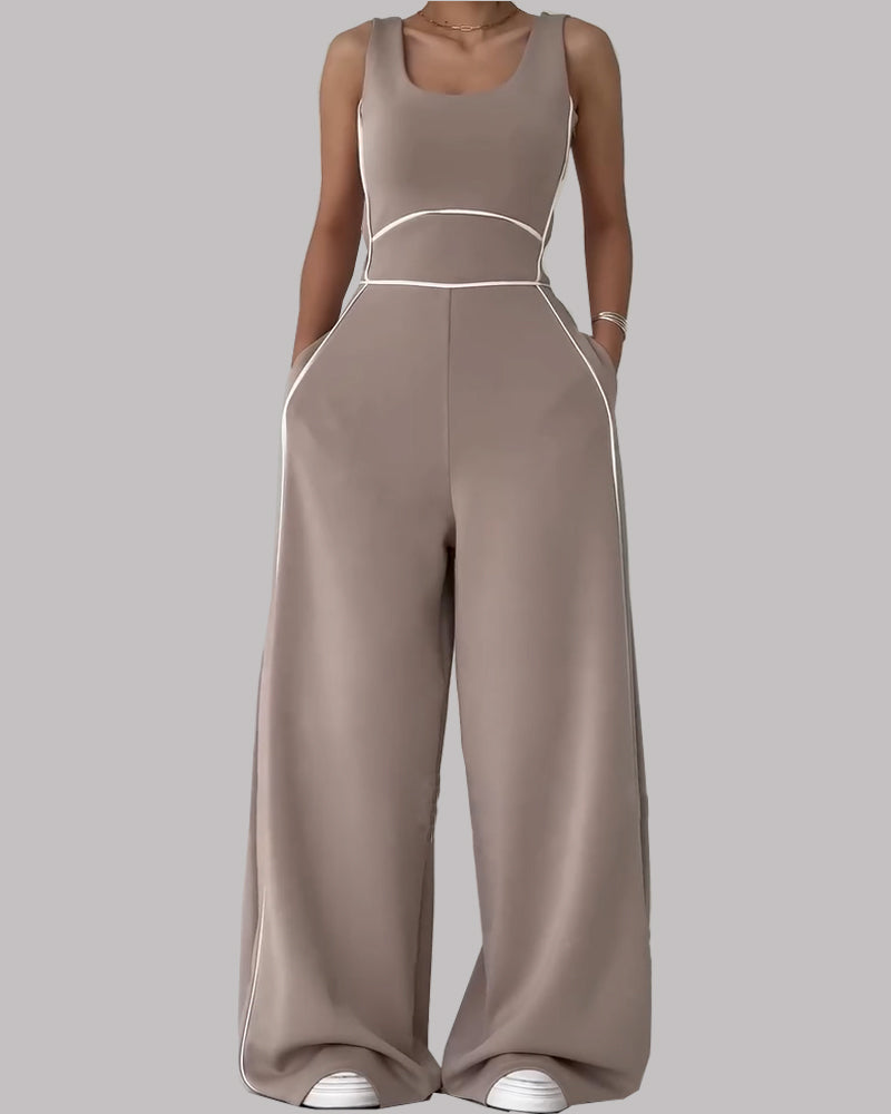 Sleeveless Wide-Leg Jumpsuit with Contrast Piping