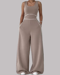Sleeveless Wide-Leg Jumpsuit with Contrast Piping