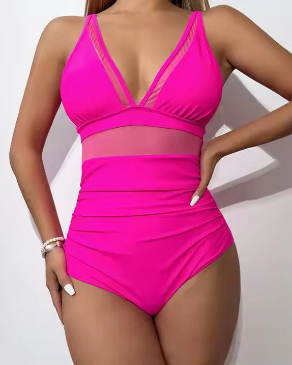 V-Neck Mesh Tummy Control Swimsuit