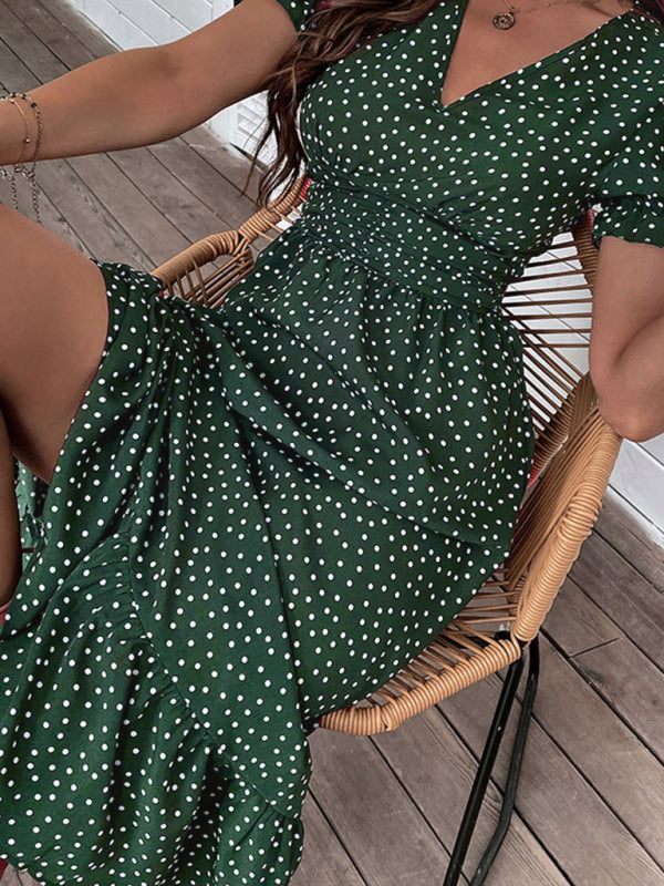 casual holiday polka dot v-neck mid-length dress