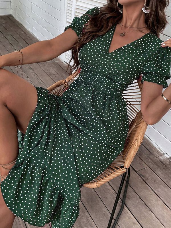 casual holiday polka dot v-neck mid-length dress