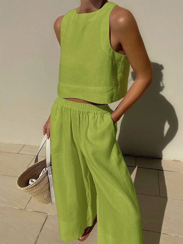 casual loose solid color sleeveless shirt trousers two-piece set
