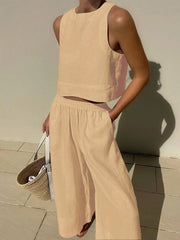 casual loose solid color sleeveless shirt trousers two-piece set