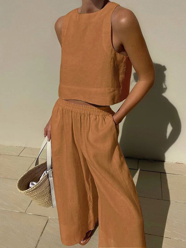 casual loose solid color sleeveless shirt trousers two-piece set