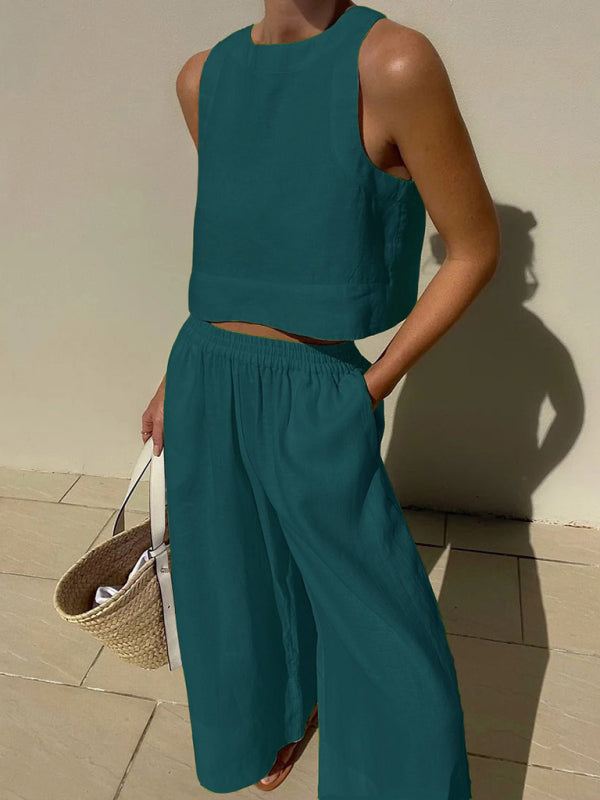 casual loose solid color sleeveless shirt trousers two-piece set