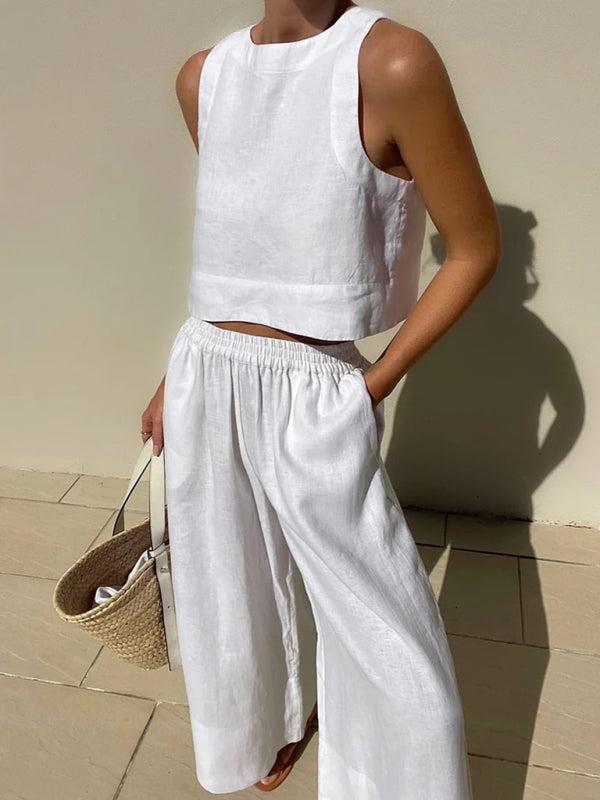 casual loose solid color sleeveless shirt trousers two-piece set