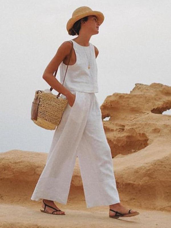 casual loose solid color sleeveless shirt trousers two-piece set