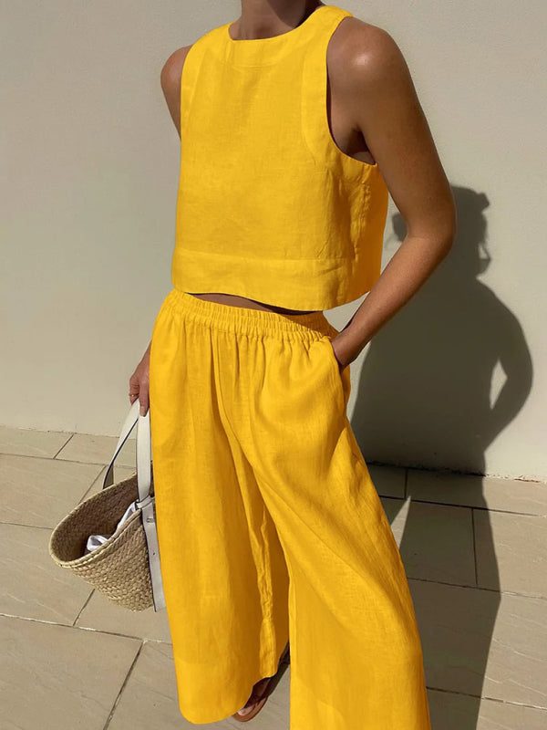 casual loose solid color sleeveless shirt trousers two-piece set