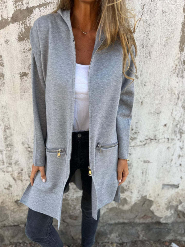 and solid color casual zipper hooded jacket coat