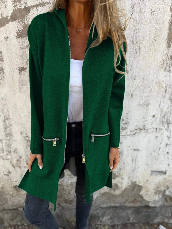 and solid color casual zipper hooded jacket coat