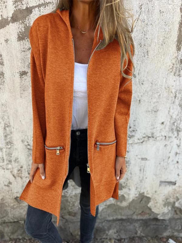 and solid color casual zipper hooded jacket coat