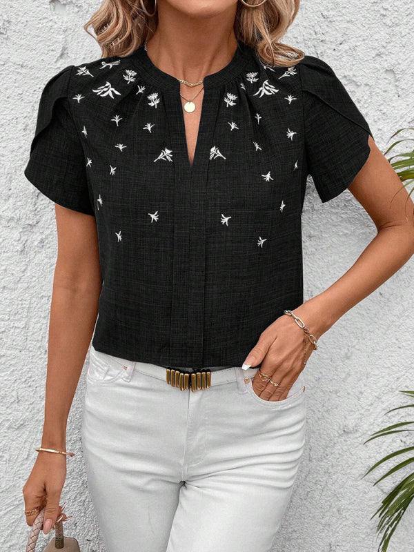 V-Neck Printed Short Sleeve Blouse